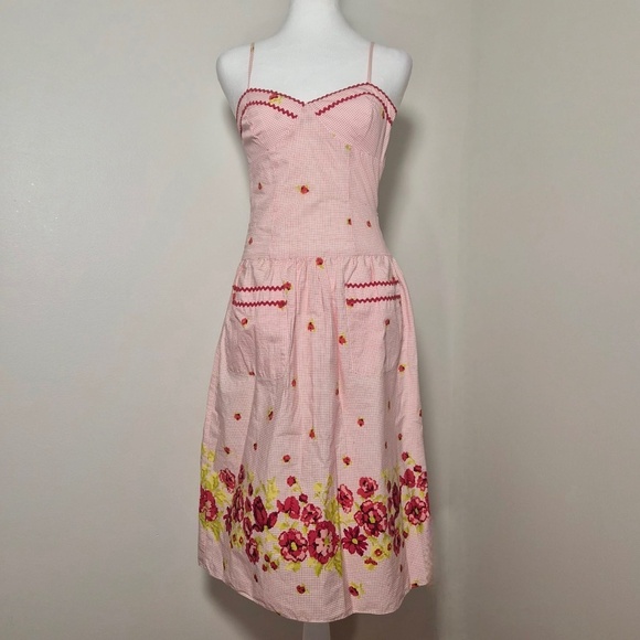 Betsey Johnson Dresses & Skirts - Betsey Johnson Pink Grid Windowpane Plaid Geometric Rose Prairie Farm Dress US 0